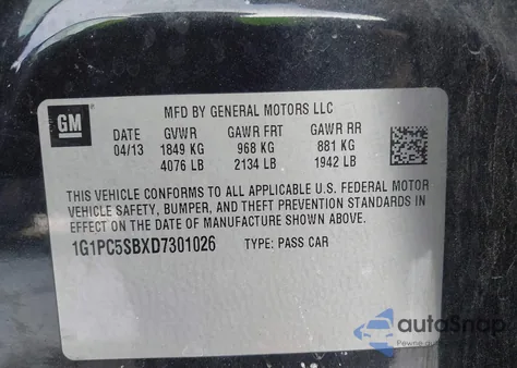 2013 Chevrolet Cruze 1Lt Auto из США, поврежденный, VIN 1G1PC5SBXD7301026